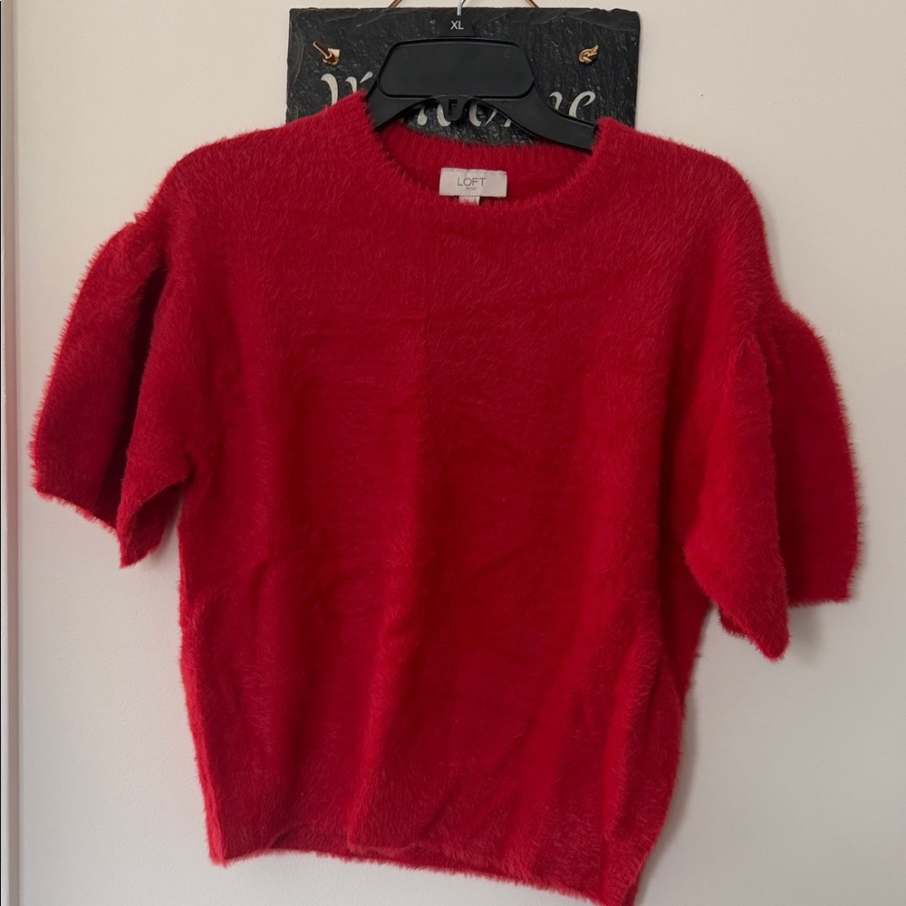 LOFT Red Fuzzy Short Sleeve Crew Sweater